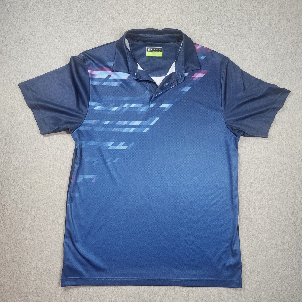 PGA Tour Pro Series Polo Mens Medium Navy Blue Excellent Geometric Athletic Fit